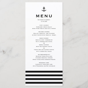 Menu Casamento Náutico com Âncora Preto e Branco Modern