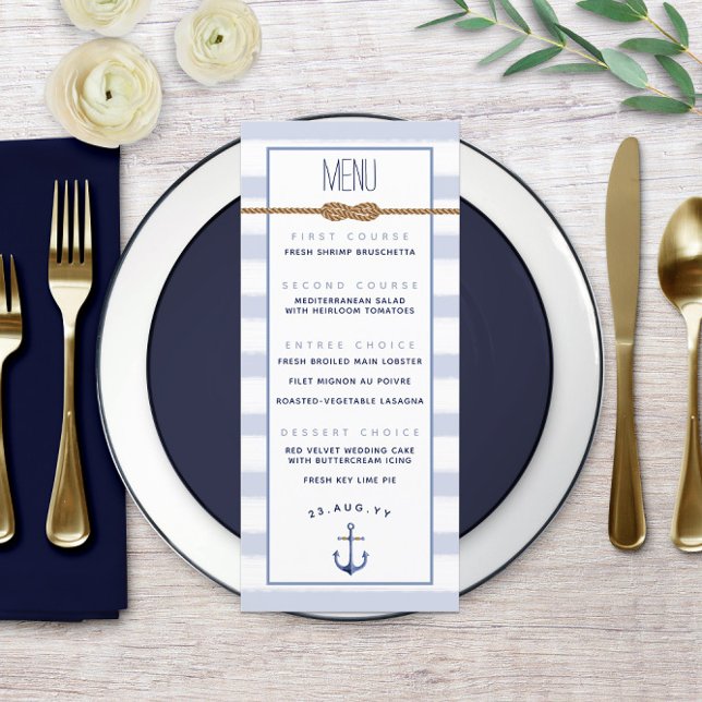 Menu Casamento Náutico com Faixa Azul e Branco ♾ Nó de  (♾ Infinity Knot Nautical Wedding Menu ⚓ with Light Blue and White Watercolor Stripes)