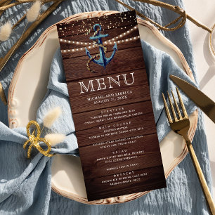Menu Casamento Náutico de Madeira Rústica Azul Naval Ân