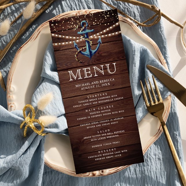 Menu Casamento Náutico de Madeira Rústica Azul Naval Ân (Criador carregado)