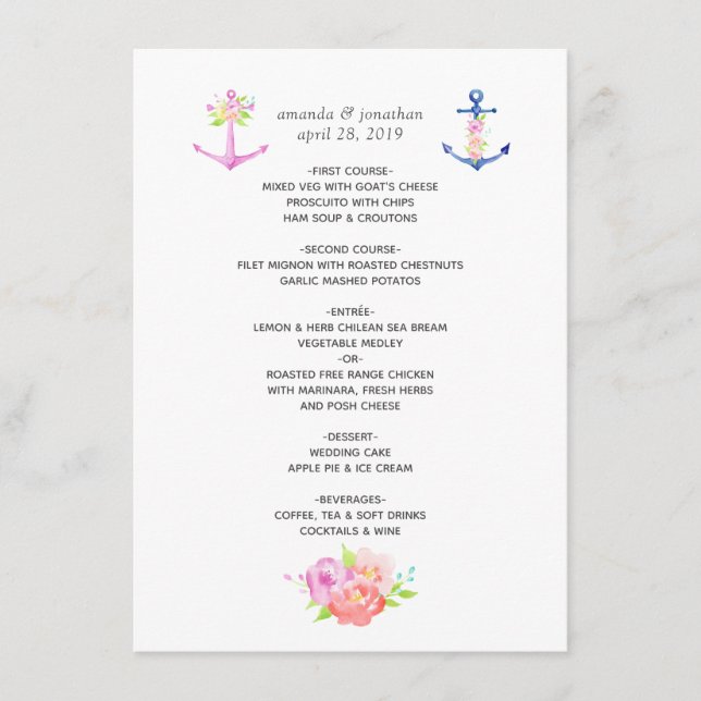 Menu Casamento Náutico Floral Aquarela (Frente)