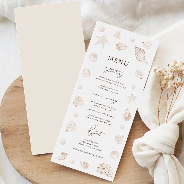 Menu Casamento Náutico Pérolas Conchas de Aguarela Prai (Criador carregado)