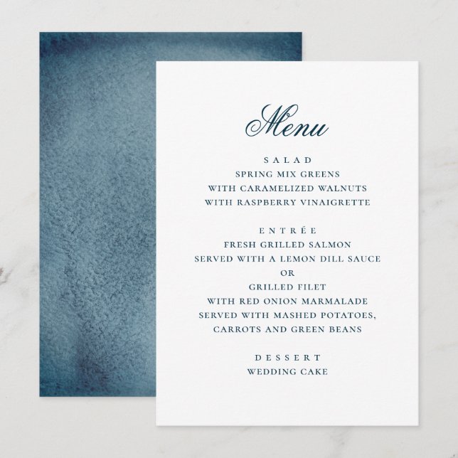 Menu Casamento náutico simples azul naval aquarela (Frente/Verso)