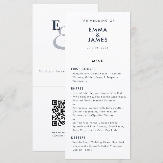 Menu Casamento Navy E comercial | Código QR | Elegante (Frente/Verso)