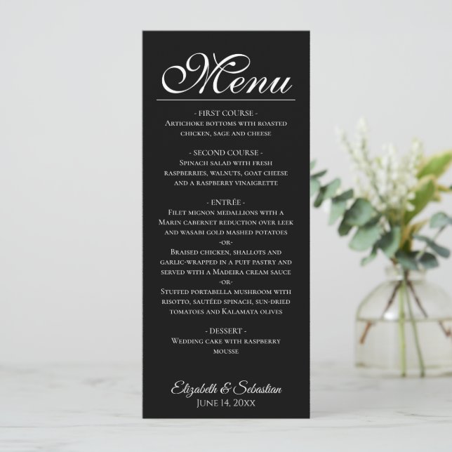 Menu Casamento Negro Clássico de Elegância Simples (Em pé/Frente)