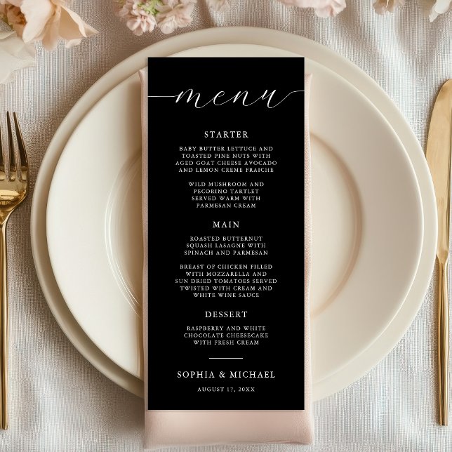 Menu Casamento Negro da Caligrafia Romântica Moderna (Criador carregado)