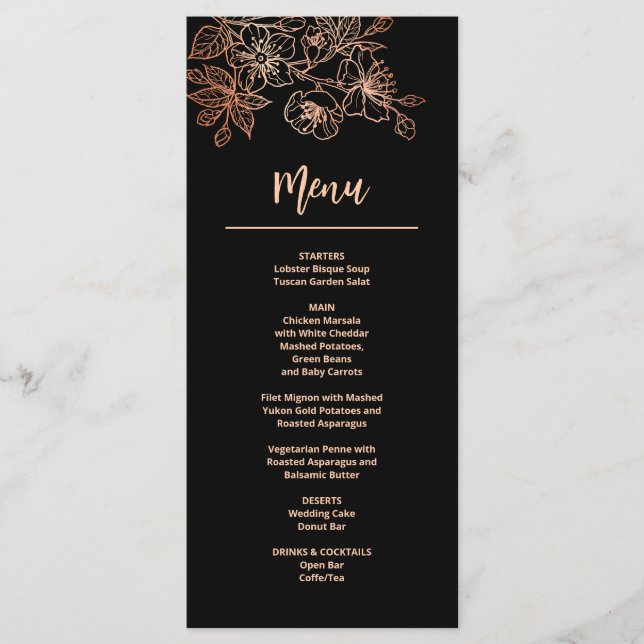 Menu Casamento Negro de Arte Floral rosa Dourada (Frente)