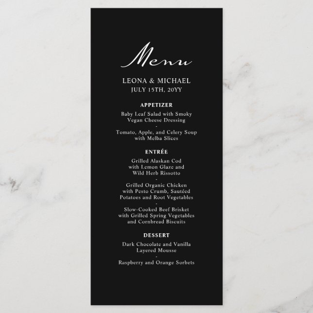 Menu Casamento Negro de Caligrafia Minimalista Elegante (Frente)
