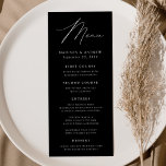 Menu Casamento Negro e Branco de Elegância Moderna<br><div class="desc">Menu de casamento simples e elegante com "Menu" exibido em um roteiro branco moderno com fundo preto ou cor de sua escolha. Personalize o menu de casamento preto adicionando seus nomes,  data de casamento e informações do menu. Projetado para coordenar com a nossa coleção de casamento do Modern Elegance.</div>