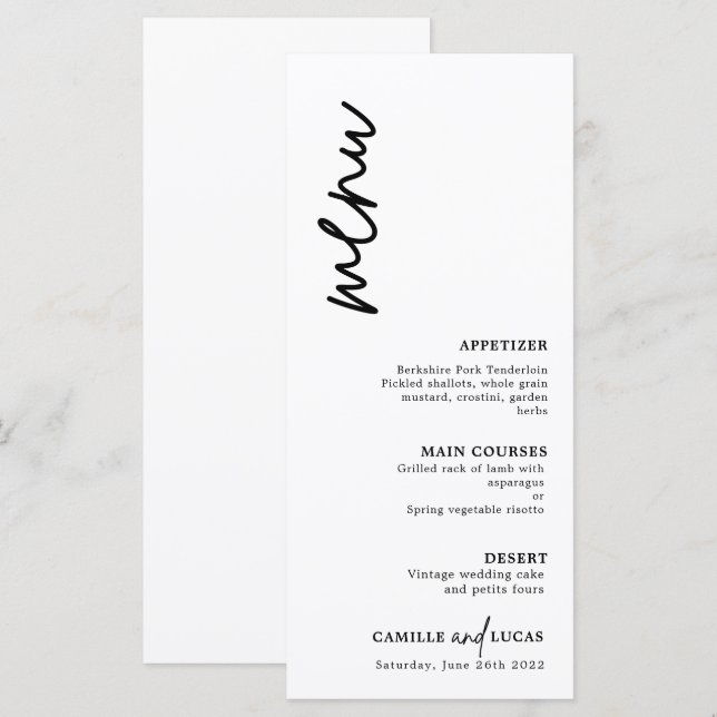 Menu Casamento Negro e Branco minimalista (Frente/Verso)