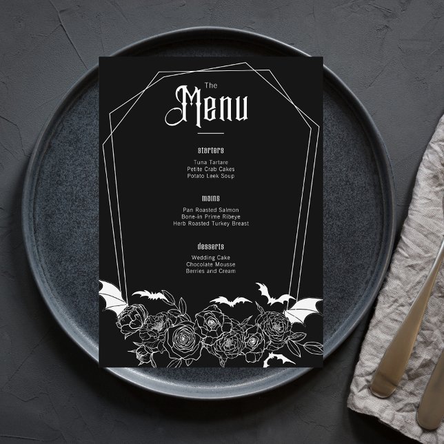 Menu Casamento Negro Floral Elegante (Criador carregado)