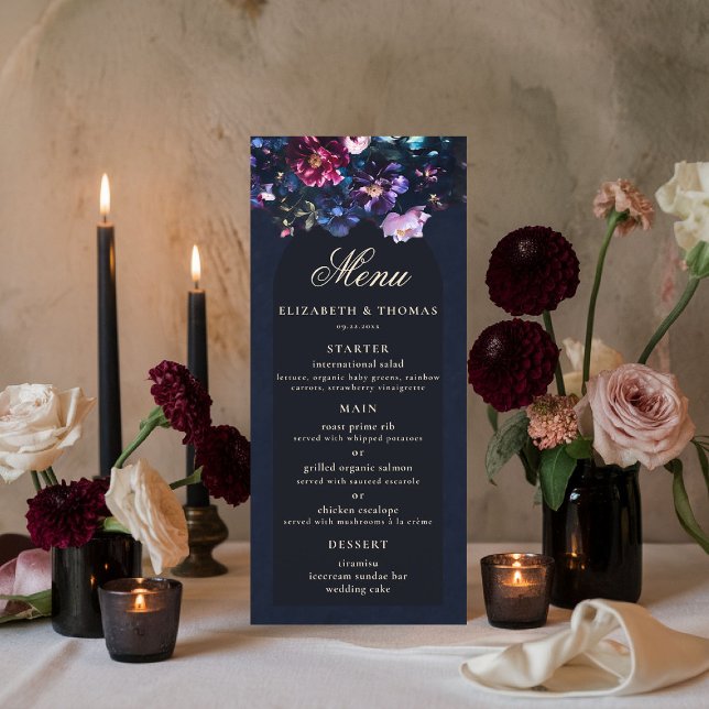 Menu Casamento Negro Romântico Floral Gótico Preto (dark moody wedding menu purple black jewel tones dutch painting romantic gothic fall winter)