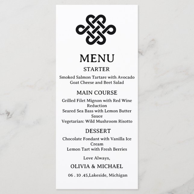 Menu Casamento Nó Celta Trindade Preto e Branco Editáve (Frente)