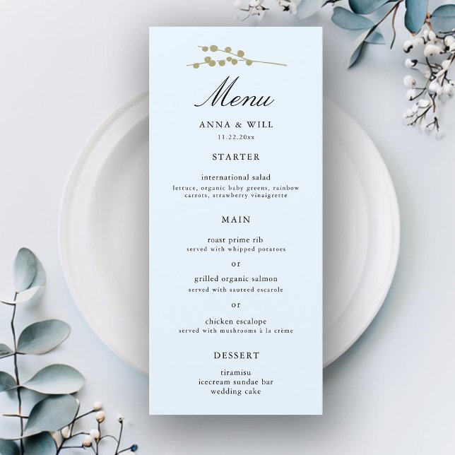 Menu Casamento no inverno Azul Clássico Elegante (ice blue winter wedding menu gold botanical elegant modern classic simple romantic classy feminine)
