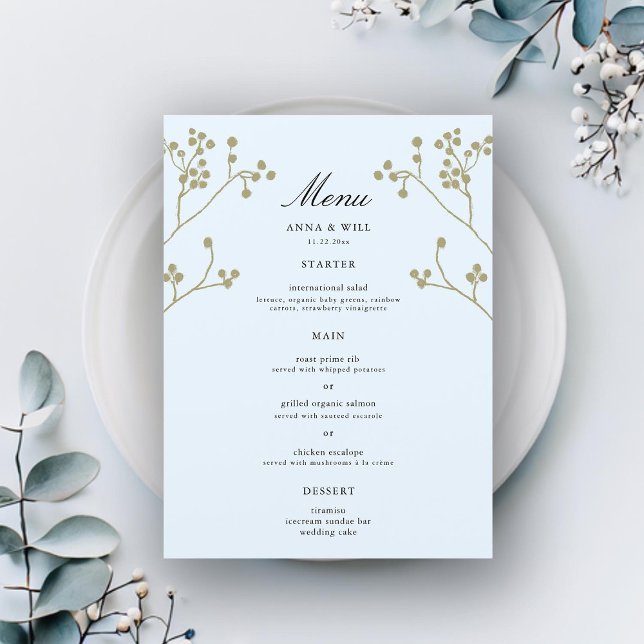 Menu Casamento no inverno Clássico Elegante Grande (winter wedding large menu ice blue gold botanical berries elegant modern classic simple feminine)