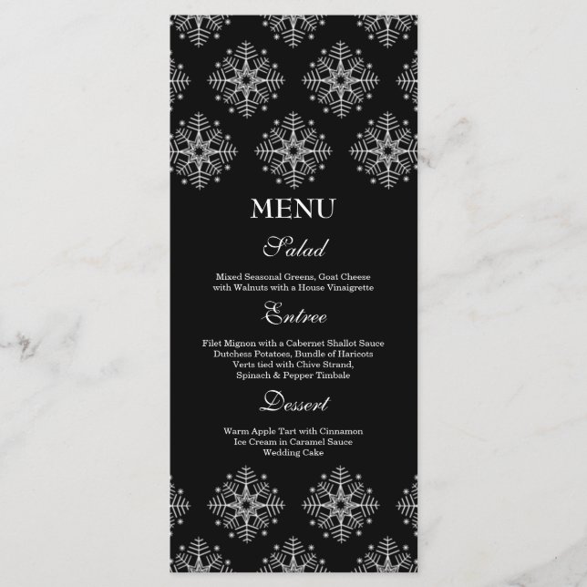 Menu casamento no inverno com flocos de neve preto (Frente)