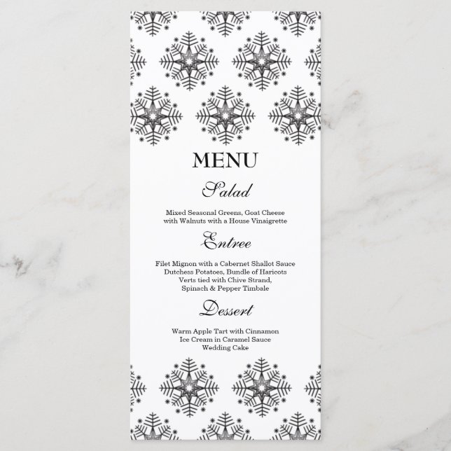 Menu casamento no inverno com flocos de neve preto (Frente)