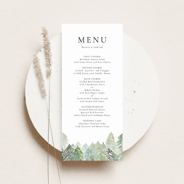 Menu Casamento no inverno de Água Neve Evergreen Woodla (Customizable menu card featuring a snowy watercolor pine forest, ideal for winter weddings & events.)