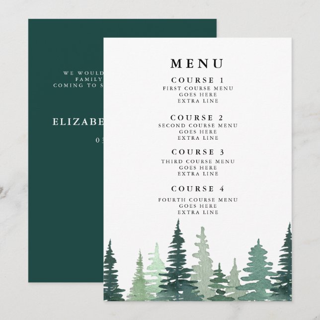 Menu Casamento no inverno do pinheiro Rustic Water (Frente/Verso)