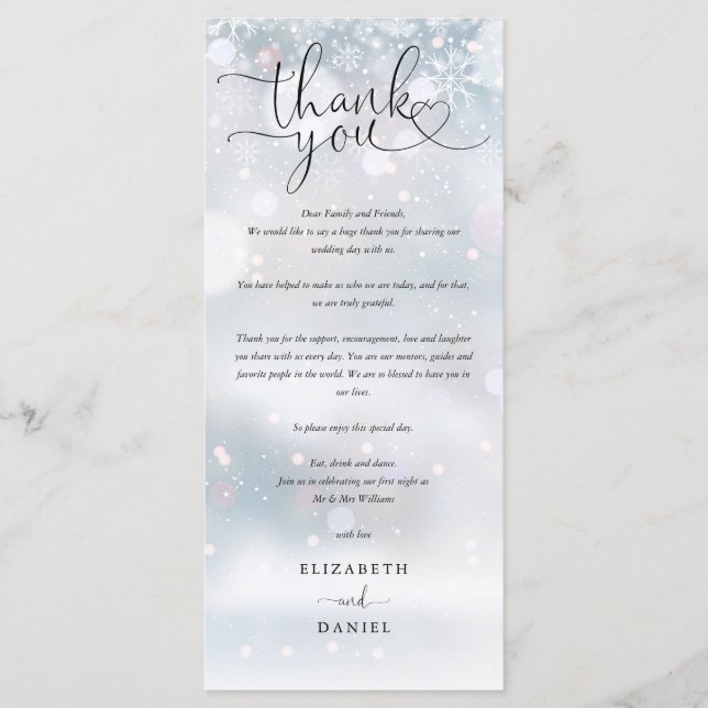 Menu Casamento no inverno Heart Script Obrigado Colocar (Frente)