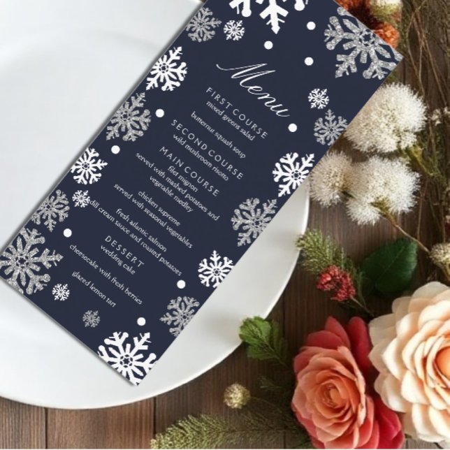 Menu Casamento no inverno marinho Azul Flocos de Neve (Criador carregado)