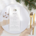 Menu Casamento no inverno Mínimo de Folhas e Pinos<br><div class="desc">Menus de casamento no inverno elegantes que apresentam uma ramificação de pinheiros com uma pinha de pinho. Personalize com seus nomes,  data e menu de casamento.</div>