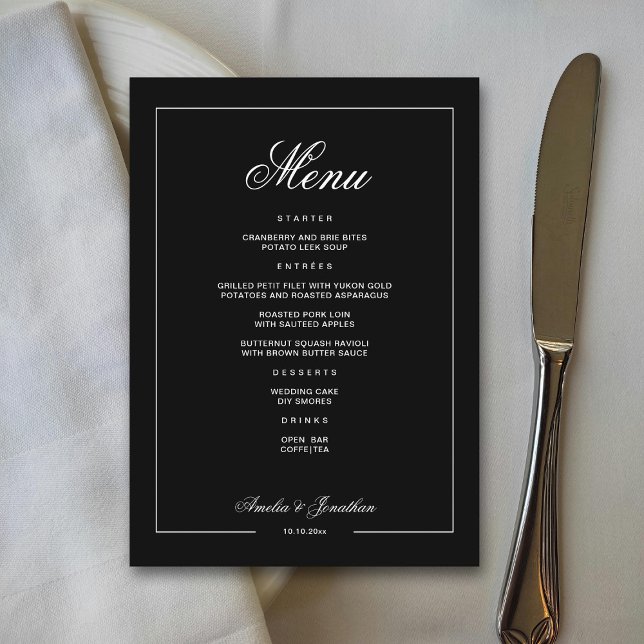 Menu Casamento no inverno Romântico Preto Elegante (Criador carregado)