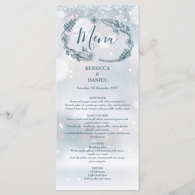 Menu Casamento no inverno Rustic Floral Snowflakes (Frente)