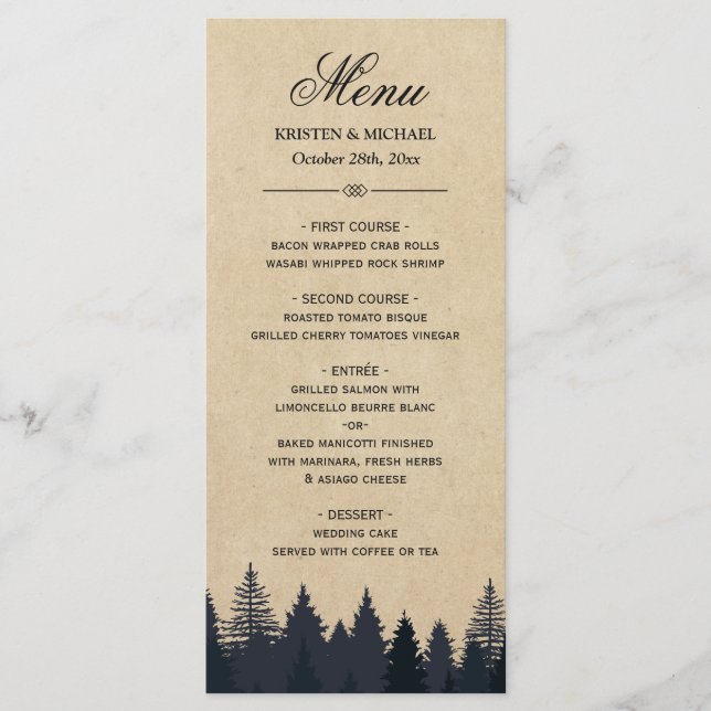 Menu Casamento no inverno Rustic Pine Trees Kraft (Frente)