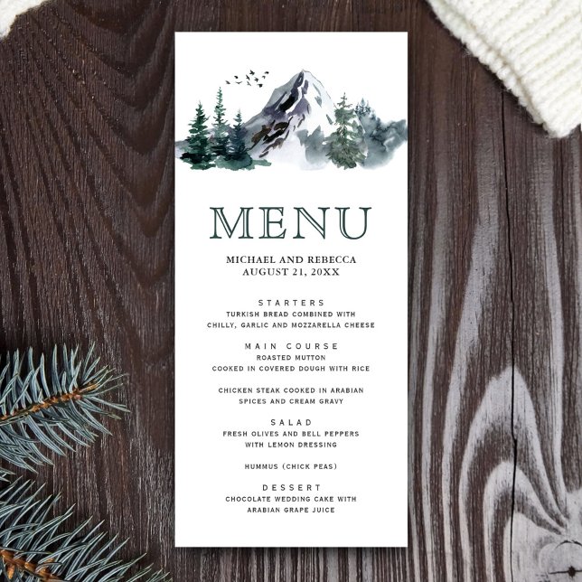 Menu Casamento no inverno Rustic Watercolor Mountain (Criador carregado)