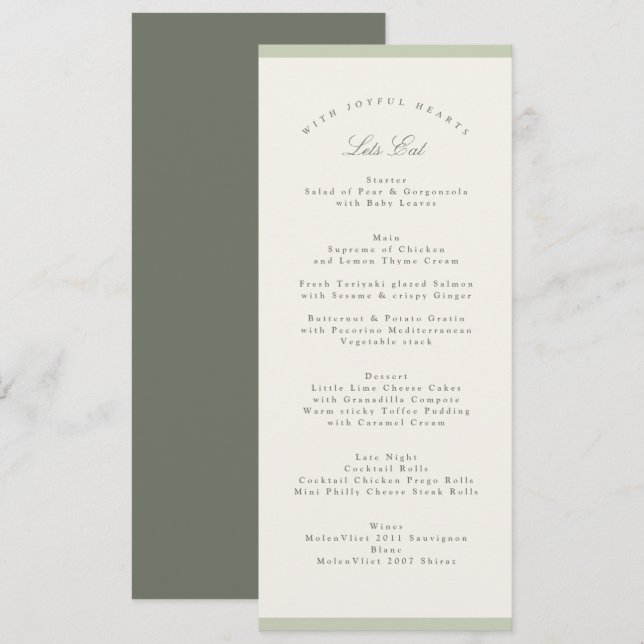 Menu Casamento no Jardim de Pistácio Macio (Frente/Verso)