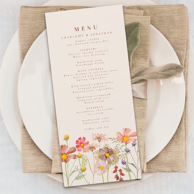 Menu Casamento no Prado de Flores Silvestres Boho (Elegant boho Wildflower meadow Wedding menu card watercolor florals )