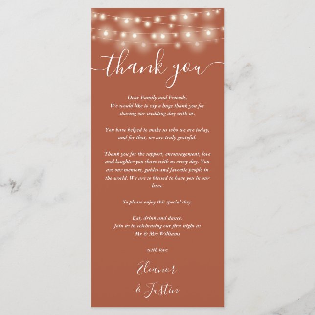 Menu Casamento Obrigado Lights Terracotta Place Card (Frente)