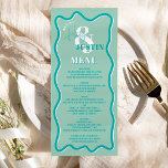 Menu Casamento ondulado com curva azul-téal retrógrada<br><div class="desc">Um legal cardápio de casamento ousado com nomes personalizados com caligrafia escrita manual e letra serif,  2 nomes,  dois estilos com casamento ondulado com preto de cor azul-de-rosa. Todos os textos,  nomes e cores de fundo são personalizáveis para você misturar e combinar com seu pacote de casamento.</div>