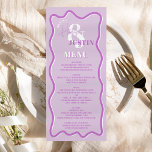 Menu Casamento ondulado com curva roxa-retrógrada<br><div class="desc">Um legal menu de casamento ousado com nomes personalizados com uma caligrafia escrita à mão e uma letra serif, 2 nomes , dois estilos com o casamento ondulado com a curva de lavanda roxa Retro boho roxa. Todos os textos, nomes e cores de fundo são personalizáveis para você misturar e...</div>