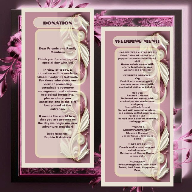 Menu Casamento Opulento Barroco de Tulipas de Marfim de (Baroque Opulent Tulip Ivory Swirl Mulberry Wedding Menu)