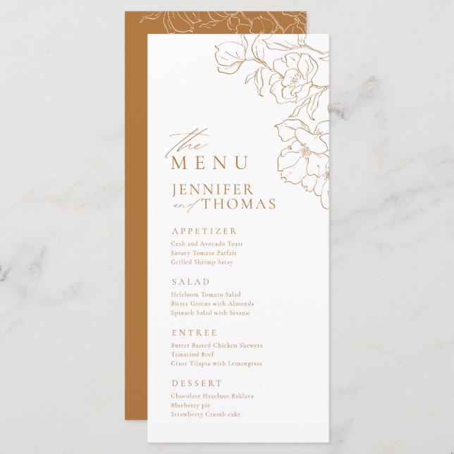 Menu Casamento outono de ouro floral desenhado à mão El (Frente/Verso)