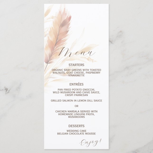 Menu Casamento outono Elegante Boho Watercolor Pampas (Frente)