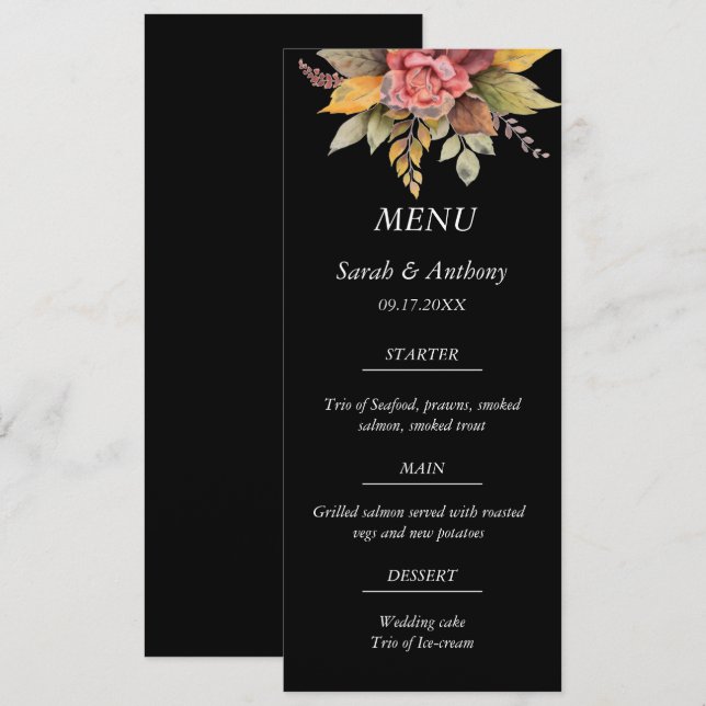 Menu Casamento outono Floral de outono Preto (Frente/Verso)