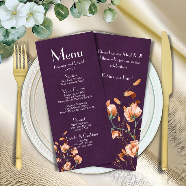Menu Casamento outono Floral Laranja Queimado Minimalis (Criador carregado)