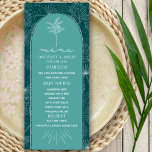 Menu Casamento Palm Tree Teal Beach<br><div class="desc">Ilustração da arte da linha branca do padrão das folhas de palma sobre o fundo verde-real com texto branco e design da palmeira sobre o arco de árvores com borda bronzeada.</div>