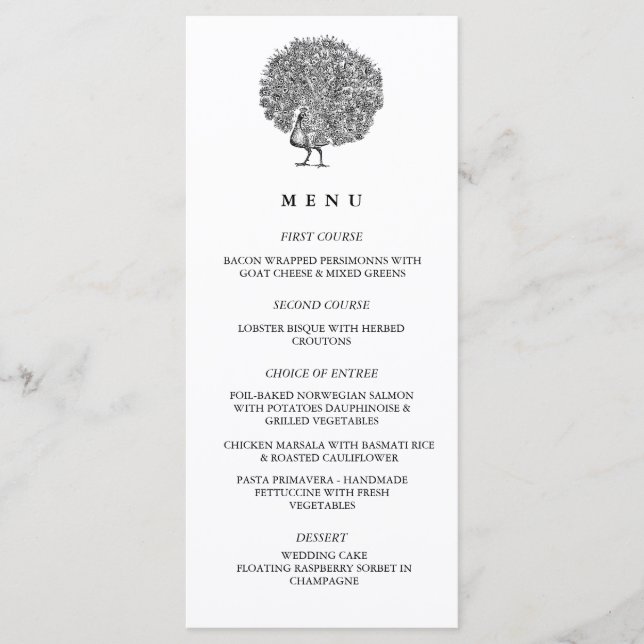 Menu Casamento Peacock Ilustrado Elegante Vintage (Frente)