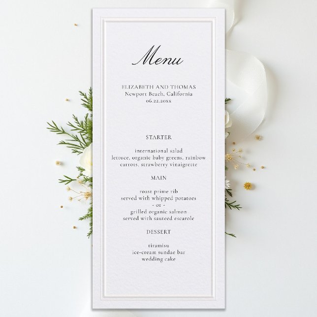 Menu Casamento Pérola de Moldura Clássica Moderna Eleva (formal wedding menu elegant modern classic traditional black tie ballroom countryclub pearl white)