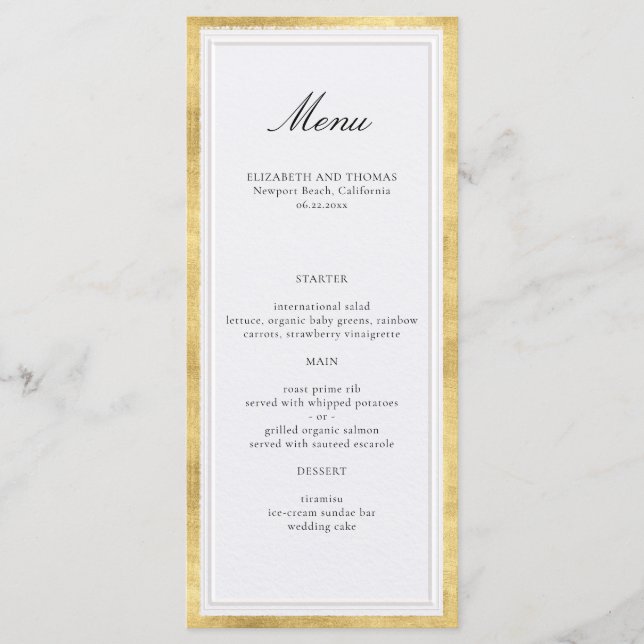 Menu Casamento Pérola Dourada Falsa Clássico Moderno Fo (Frente)