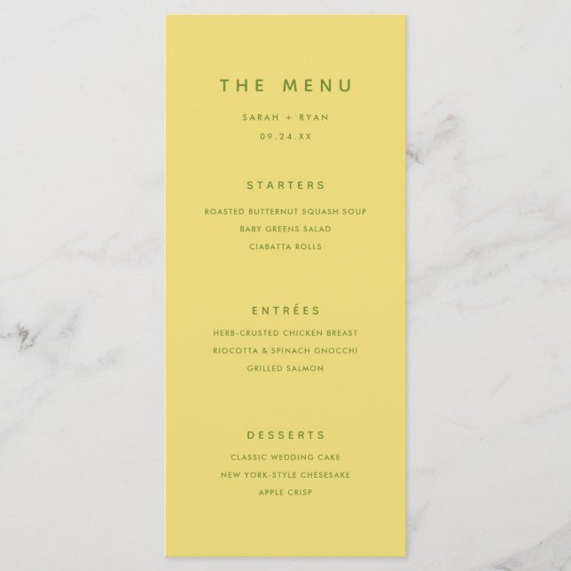 Menu Casamento Personalizado Amarelo Limão Moderno Mini (Frente)