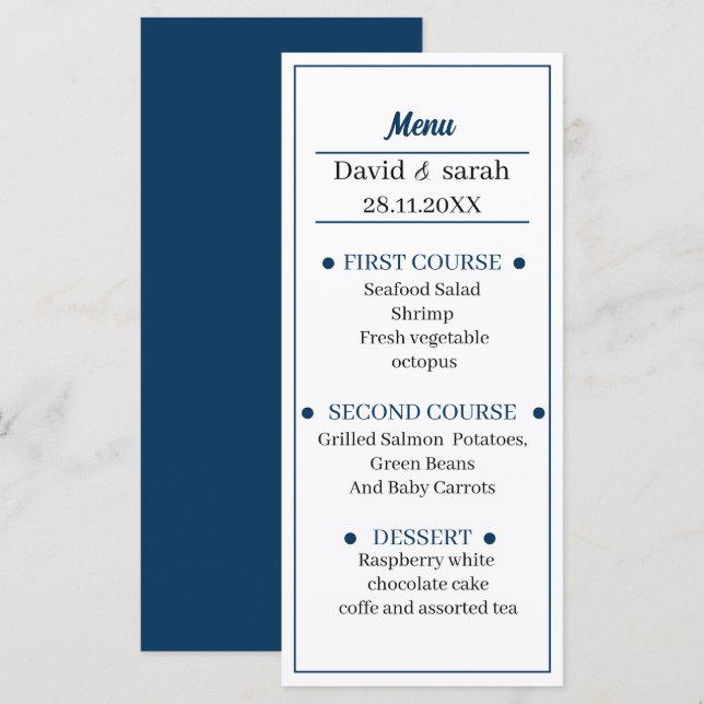 Menu Casamento Personalizado Azul Simples (Frente/Verso)