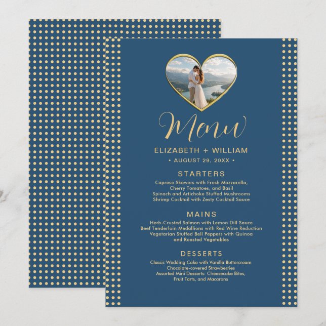 Menu Casamento personalizado com bolinhas douradas e az (Frente/Verso)