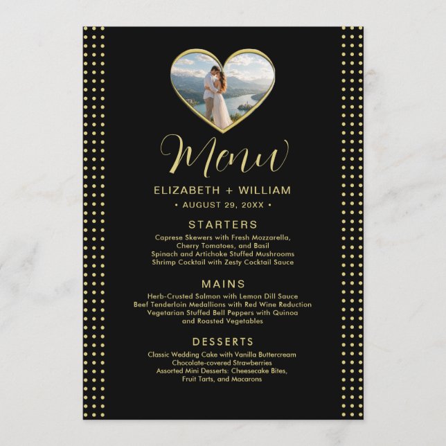 Menu Casamento personalizado com bolinhas douradas e pr (Frente)