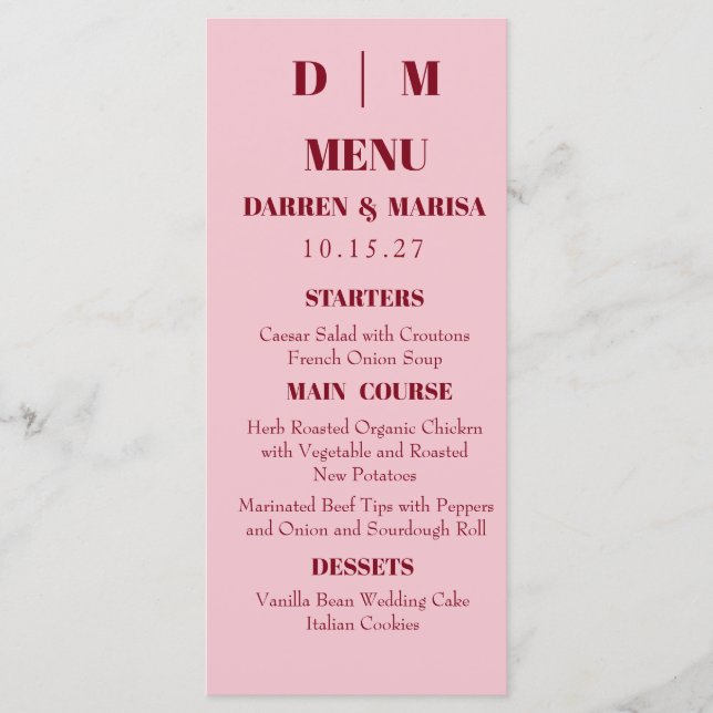 Menu Casamento Personalizado Rosa e Vermelho com Script (Frente)