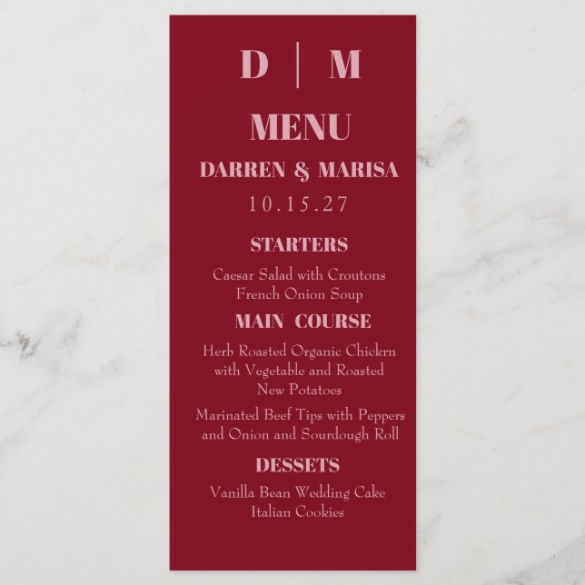 Menu Casamento Personalizado Rosa e Vermelho com Script (Frente)